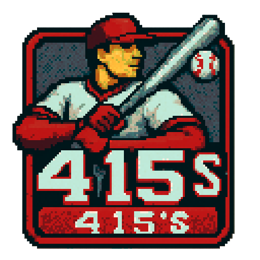 Pixel art of a fictional baseball team called the 415's. It is a reference to the area code. Red, white and gray, sharp outlines, and soft pixel shading. The logo design mimics 80s MLB logos. Use a vibrant Sega Genesis 16-bit style with selective dithering, geometric forms, and nostalgic retro charm. Avoid modern gradients—keep it pure pixel art.