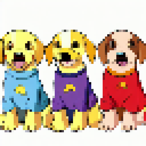 Generates an image of three puppies in pajamas of different breeds, following the drawing style of the My Little Pony series. The Labrador Retriever puppy is wearing red pajamas with small apples drawn on it, while the Golden Retriever puppy is wearing blue pajamas with small blackberries drawn on it. The Beagle puppy is wearing yellow pajamas with little mangoes drawn on it. The three pups are sitting together, facing forward with happy expressions on their faces.