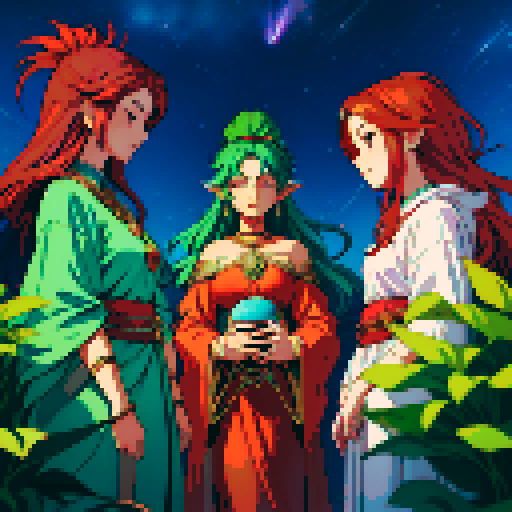 Four goddesses creating the world. One goddess is a deity of fire with red hair. One goddess is a deity of water with blue hair. One goddess is a deity of nature with green hair. One goddess is a deity of stars and night with purple hair.