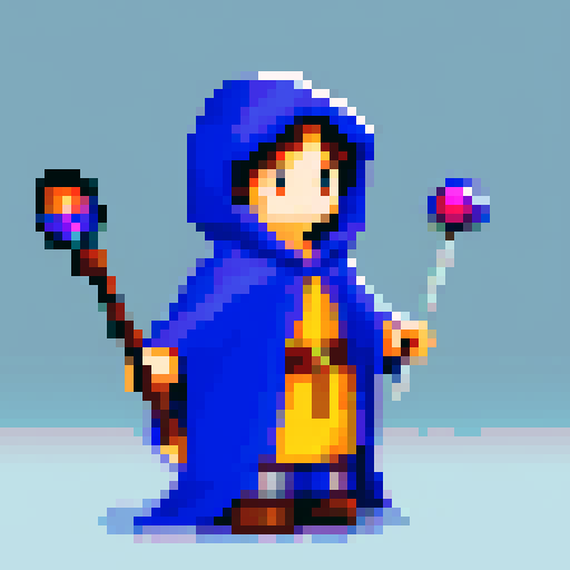 wizard in cloak and hood, staff with precious stone tip, pixel art, sRGB