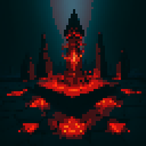 Floor covered in fiery lava, ominous shadows cast by jagged rocks, glowing pentagram symbol, flickering candlelight, towering demon statues, eerie red glow, smoke rising from cracks, ancient runes etched in stone, ethereal wisps of darkness, glowing eyes peering from the dark