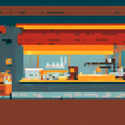 busy city cafe interior, winter cold, crowded tables, steaming cups, baristas brewing coffee, pixel art, sRGB