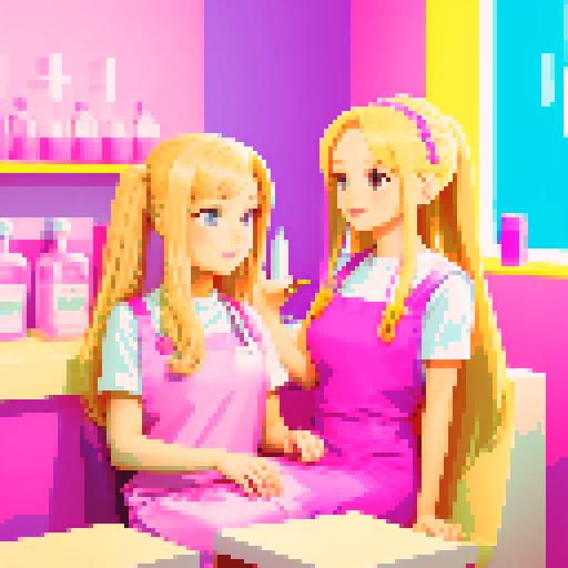 A nail tech with long blonde hair wearing a pink apron and a girl with brown hair sitting and facing each other in a nail salon. Nail polish bottles and UV lamps