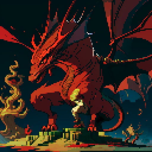 red dragon, pile of gold coins, full-body image of dragon