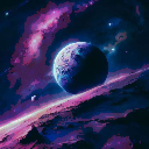 majestic view, purple planets looming over a cosmos of twinkling stars, painted in a landscape portrait style