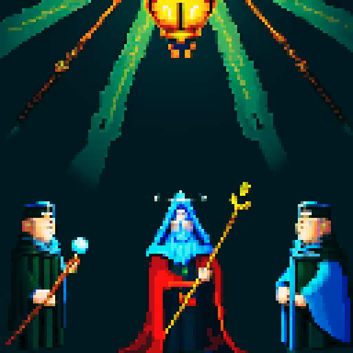 three men, archmage and his apprentices , magic staff, light at the archmage, dark place, king with staff, cant see eyes, eyes darken