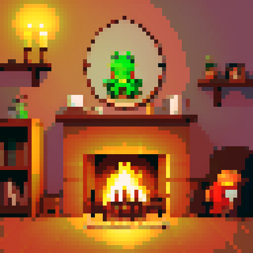 Cozy living room, crackling fireplace, warm glow, comfortable sofa, cute little frog, tiny feet dangling, content expression, small coffee table, steaming cup of coffee, aroma wafting, frog holding coffee, pixel art, cute, masterpiece, kawaii, sRGB
