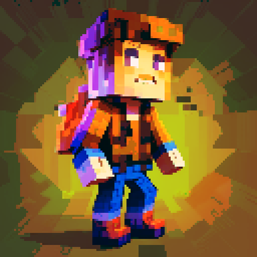 pixelated human character, Minecraft-inspired, blocky features, retro video game style, vibrant colors, low resolution, 8-bit aesthetic, square-shaped body, pixelated hair, pixelated clothing, pixel art, sRGB