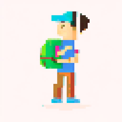 A single sprite of a young boy with a backpack on, pixel art, facing the camera, with a plain expression, on a plain background. His eyes are blue and his hair is brown. His backpack is red. He's wearing green hiking pants with brown shoes. 