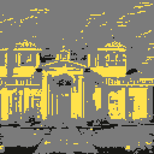 Suburban mansion, front view, symmetrical design, towering structure, pixelated windows, pristine lawn, straight path to door, low-resolution details, sRGB color palette