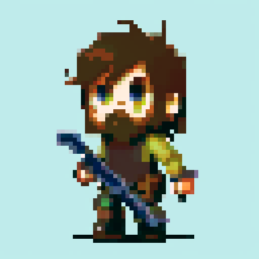 Create a 2D pixel art character for a post-apocalyptic game with a decay theme. The player is a rugged survivor, dressed in tattered clothes and worn-out armor, showing signs of exposure to a decaying world. The character wields makeshift weapons like a rusted blade or a crude gun. The color palette should include muted, earthy tones to emphasize the decay theme.