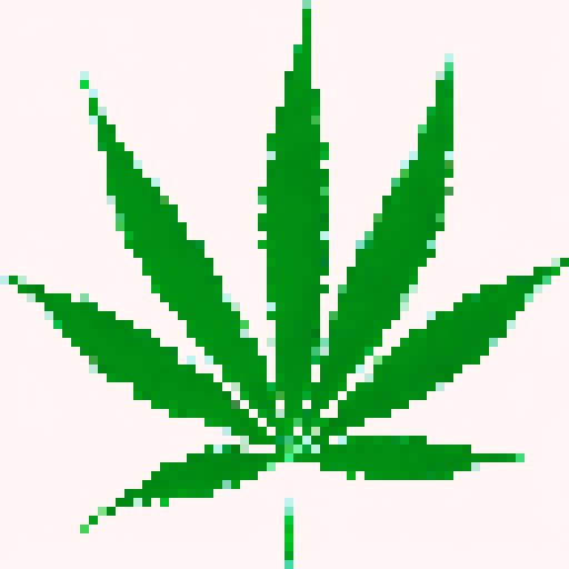 "Vibrant, retro, and digital: A pixelated cannabis leaf surrounded by neon lights and geometric shapes."
