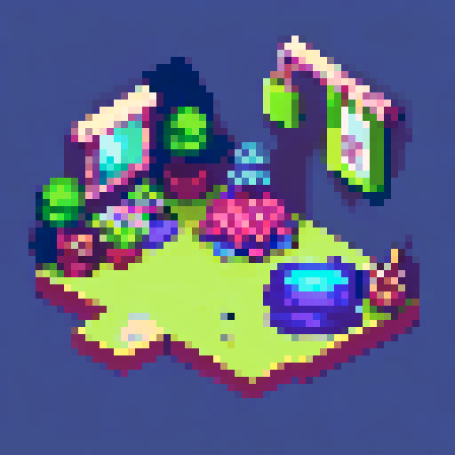 Bushy-bearded programmer furiously typing at desk with black-and-white cat lounging atop computer tower amidst a retro game-style, pixelated landscape with vibrant sRGB colors