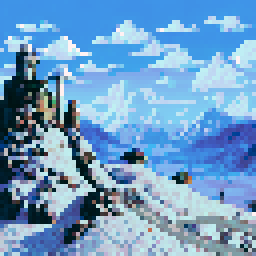 Crushed metal, smoke rising, and snowdrifts surround a BF 109 on a barren, icy landscape that stretches to the horizon in sRGB pixel art