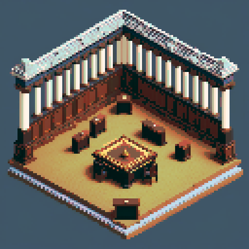 royal council, building, inside, block, wood, one discussion table, wooden interior, council room, columns, isometric