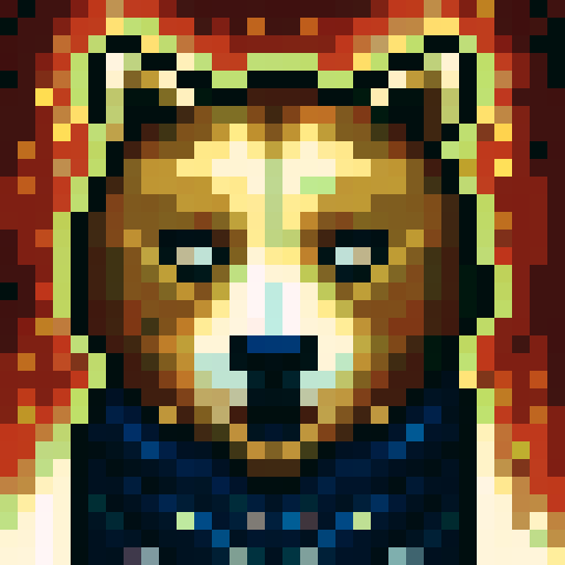 This pixel art image is dominated by a cute bear with an interesting look. Cute stars are painted on his muzzle, which is a mosaic of sharp contrasts and intricate patterns. The whole scene is reminiscent of the retro anime Ergo Proxy. The scene radiates a mysterious night atmosphere, with the bear standing close to the camera as the main character. He is covered with an interesting garment and stars