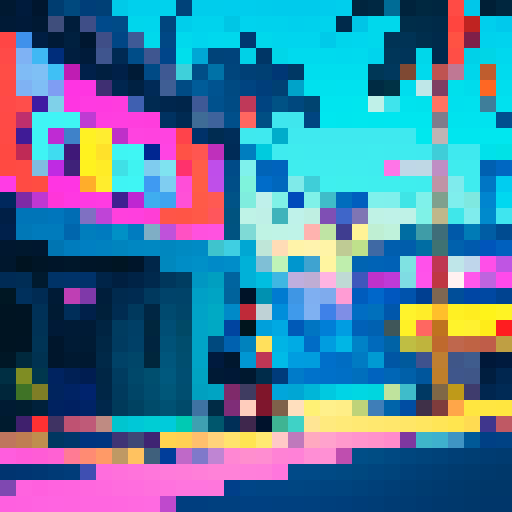 80s kid, Earthbound, Ness riding his trusty bicycle through a vibrant, pixelated retro landscape with neon signs, palm trees, and a colorful sunset sky