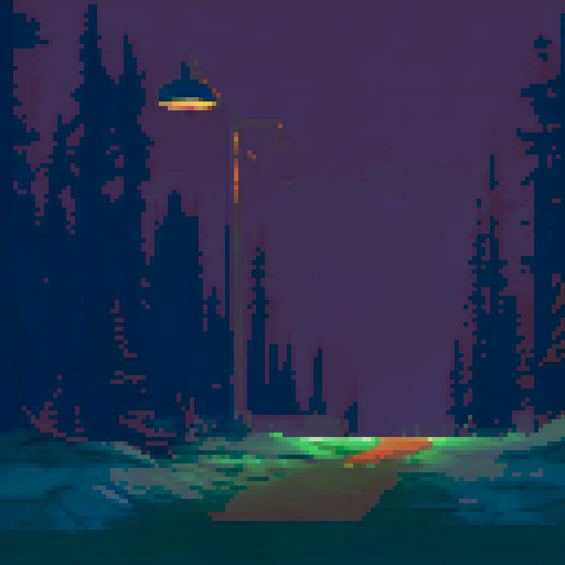 snow covered ground, softly falling snowflakes, dimly lit street lights, dark and overcast sky, distant windows emitting a warm glow, pixel art landscape