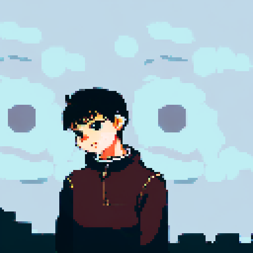 Indian boy with a slightly pointed chin and a warm, friendly smile, warm and medium-tan complexion, large and dark brown eyes with long, dark eyelashes, thick and dark brown eyebrows with a slight arch, medium-sized and slightly rounded nose, wide and expressive mouth with slightly upturned corners, short and black hair with a slight wave, character portrait, close up, anime style, pixel art