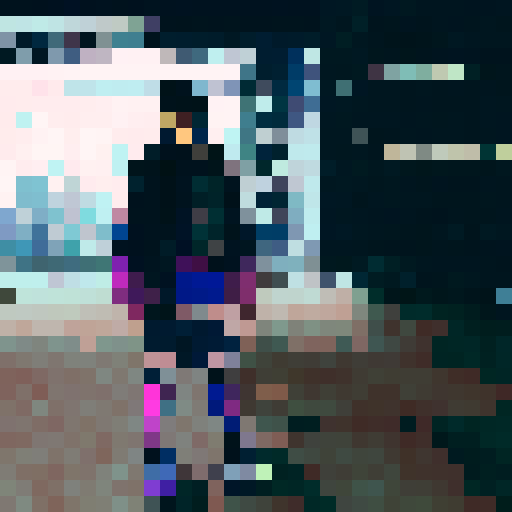 A futuristic cityscape surrounded by towering skyscrapers and neon lights, with a lone samurai perched atop a rooftop, wielding a glowing katana against a backdrop of swirling purple and blue clouds.