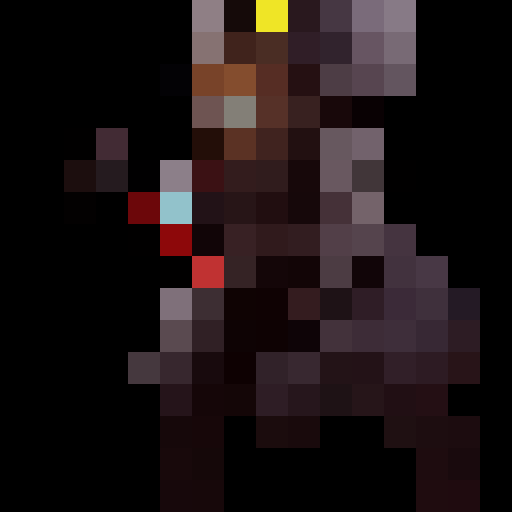 robot, in a black cloak with yellow edges, bright yellow eyes and jaw, hunchback, against a black background with fog, game icon, 16x16, pixel art, close up, portrait