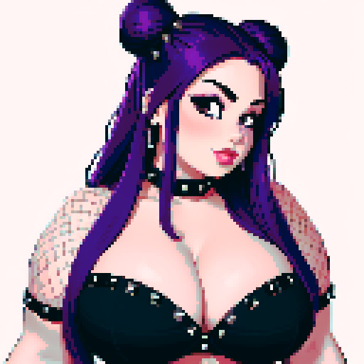 Face Portrait of Thicc, curvy, busty goth babe with studded collar, long purple hair in buns, fishnet stockings, studded halter top, posing sexy. pixel art, sRGB.