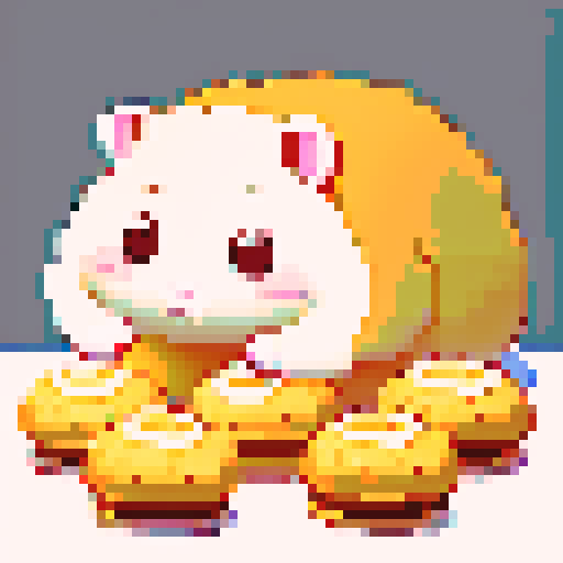 hamster, pile of sweet bread and buns, white background
