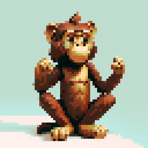 Wooden sculpture of a monkey with realistic fur texture, expressive facial features, and intricately carved hands and feet, sitting on hind legs, playfully holding and twirling the tip of its tail, showcasing exquisite craftsmanship and unique artistry in pixel art style