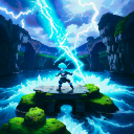killua zoldyk with electric blue hair, futuristic black and silver armor, crackling lightning sword, moss-covered stone bridge, crystal clear river, swirling stormy sky, pixel art, vibrant sRGB colors