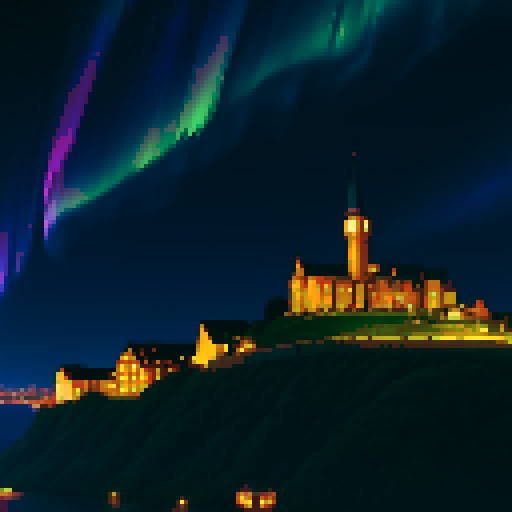 beautiful dramatic aurora borealis over an adorable town at night by Miyazaki