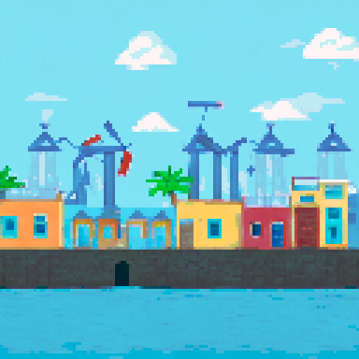 Post apocalyptic town of Old San Juan, Puerto Rico. The water from the ocean covers up to the first level of the building in town, where most buildings are either 2 or 3 stories high. Some makeshift boats are in the water, solar panels on the roofs and some small wind mills also