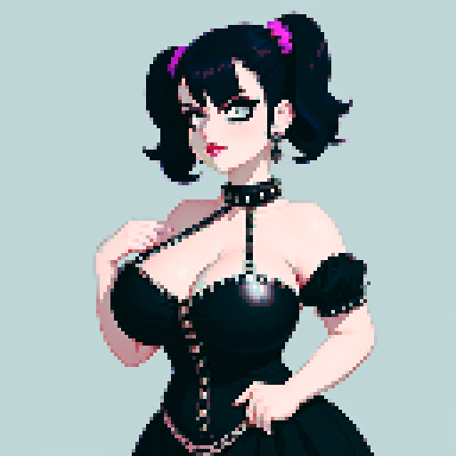 curvy, busty cute goth babe with studded collar, big titty goth wearing halter top, beautiful angled glamour shot, pixel art, sRGB