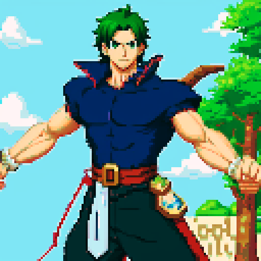 Best Quality,Anime Male,Dashing,Pixel art,weapon in hand,with creature attached to body