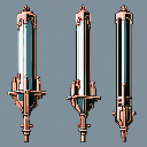 I want a tall vertical copper structure reminiscent of a organ pipe. It should have strange mechanical details that could interlock with each other. I also want this object usable an asset in a videogame, meaning only one object per image, outlined with a strong black stroke, on a solid-color background.