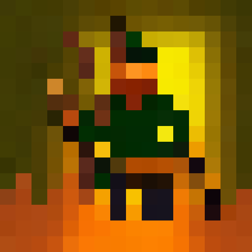 Green-hatted archer, poised with bow and arrow, stands in a mystical forest surrounded by towering trees, their leaves shimmering in the golden light of sunset, all captured in a stunning 16x16 pixel portrait.