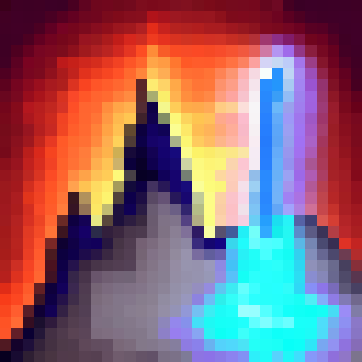Electric blue lightning crackling through a stormy sky illuminating a jagged mountain peak with a lone figure atop, holding a glowing sword, in 32x32 pixel art style.