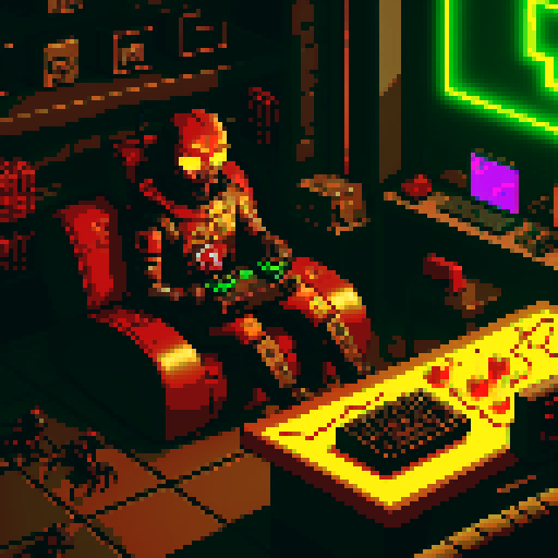 scorpion playing computer games in a cyberpunk room with coca cola and potato chips