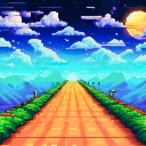 celestial skywalk, sun, moon, stars, planets, blues, light blues, purples, night time, cloud platforms, swirling lights, sRGB, pixel art, background, landscape