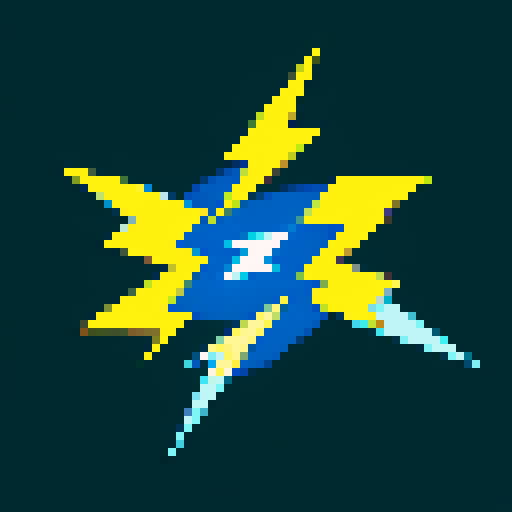 lightning bolt, pixel art, vibrant yellow and blue, clear lightning, sparks, clean and simple design, visually appealing, conveying power and electricity, easily recognizable icon, minimalistic style