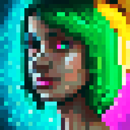 Female AI entity, futuristic cyberpunk, vibrant neon colors, glowing circuitry, mechanical augmentations, pixelated 16x16 game icon, close-up portrait, striking purple hair, piercing green eyes, metallic faceplate, intricate digital patterns, glitching holographic display

