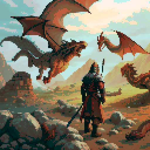 Lone warrior on a battlefield of dead bodies of men and dragons. Fantasy rpg. Medieval. Dark souls style.