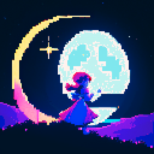 Moonlit night, shimmering crescent, glowing celestial orb, stars dancing, mystical glow, ethereal landscape, enchanting moonbeams, dreamlike atmosphere, pixelated magic, vibrant colors, retro-inspired art, sRGB palette, pixelated details, nostalgic vibes