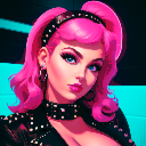 curvy, busty 1980s rocker babe with studded collar. Portrait of head, in a close up glamour shot. Neon lighting, modern tile backsplash.
