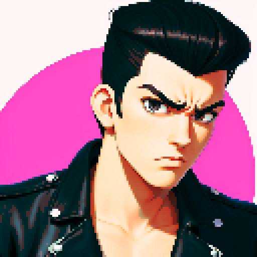 Slightly anime style Tough Greaser wearing motorcycle jacket with pompadour hairstyle, portrait, face avatar, sRGB colors.