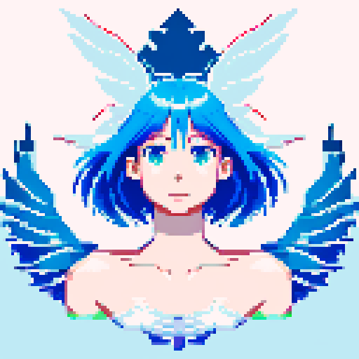 
Beautiful, ethereal angel with shimmering wings and flowing, liquid-like chrome body, rendered in minimalist pixel art with vibrant, dazzling sRGB colors