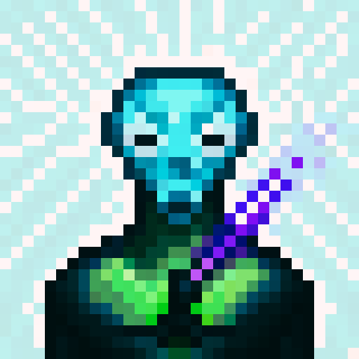 alien creature with glowing green skin, multiple eyes, and sharp fangs, holding a futuristic laser gun, against a vibrant purple background, in a pixelated style, with intricate details, showcasing its menacing expression, in a close-up portrait