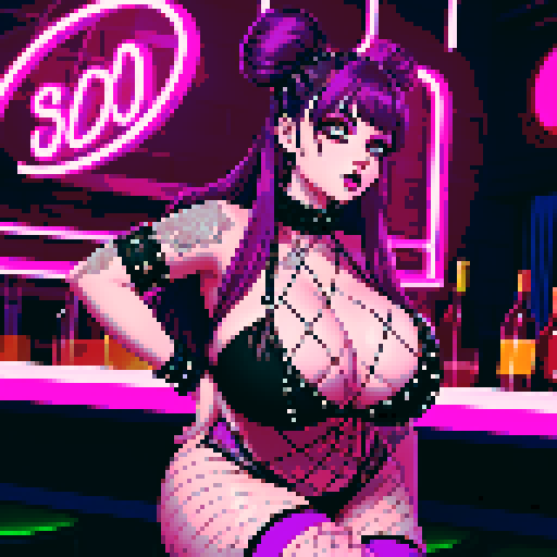 Thicc, curvy, busty goth babe with studded collar, long purple hair in buns, fishnet stockings, studded halter top, posing in neon bar for photo. neon signage, sRGB