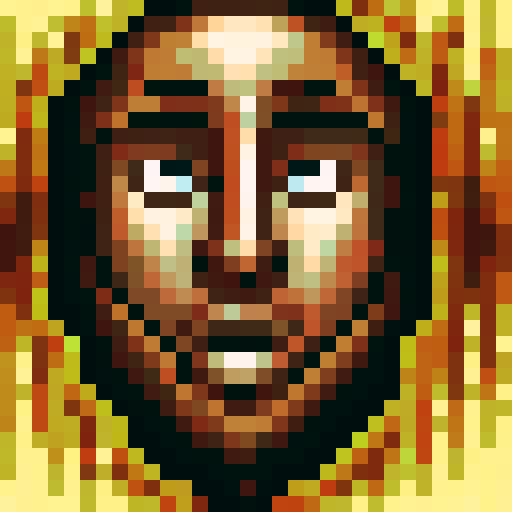 woodcutter, medieval style, game icon, 32x32 pixel art, sRGB, skill art, close up, portrait, axe, rugged face, determined expression, sweat dripping, wooden log, splintered bark, flying wood chips, dusty atmosphere, wooden shavings