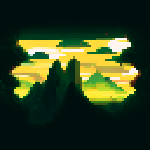 A vast, sRGB landscape with towering pixelated mountains in the distance and a sun-soaked background, beckoning the viewer to explore the game world