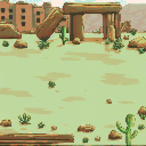 Arid desert terrain with sandy ground, scattered rocks, and patches of green cactus and shrubs. Ruins of ancient stone structures, including broken pillars, stand amidst dry, leafless trees. A backdrop of eroded cliffs and distant buildings adds depth, with warm, earthy tones dominating the scene under a pale sky.